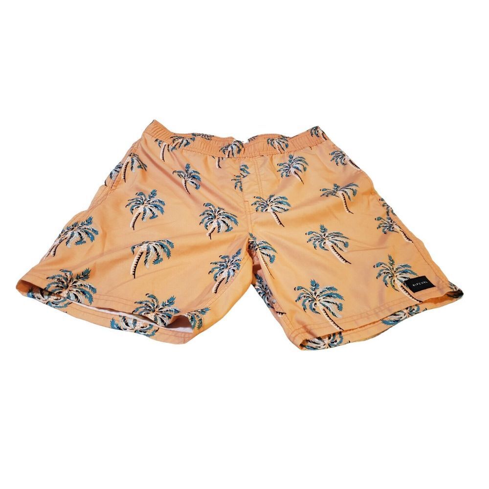 Rip Curl LayDays Swim Trunks Size Medium Elastic Waistband‎ Orange Palm Trees